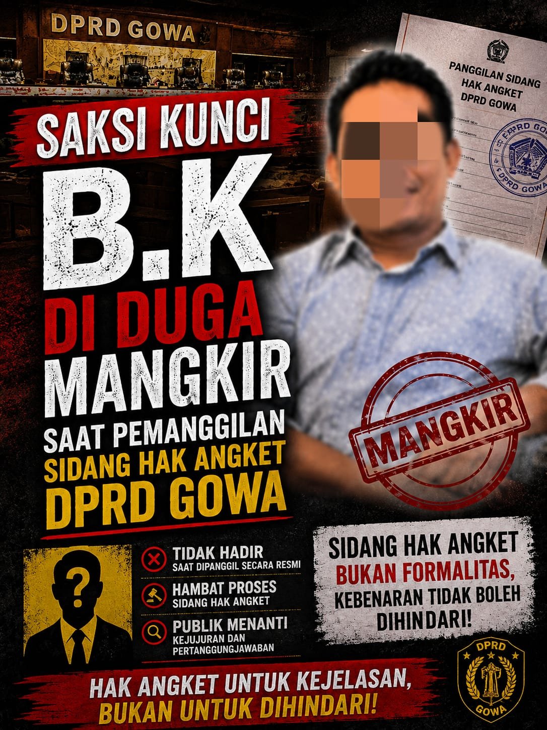 BK Diduga Mangkir Tiga Kali, Sidang Hak Angket DPRD Gowa Masih Menunggu Saksi Kunci