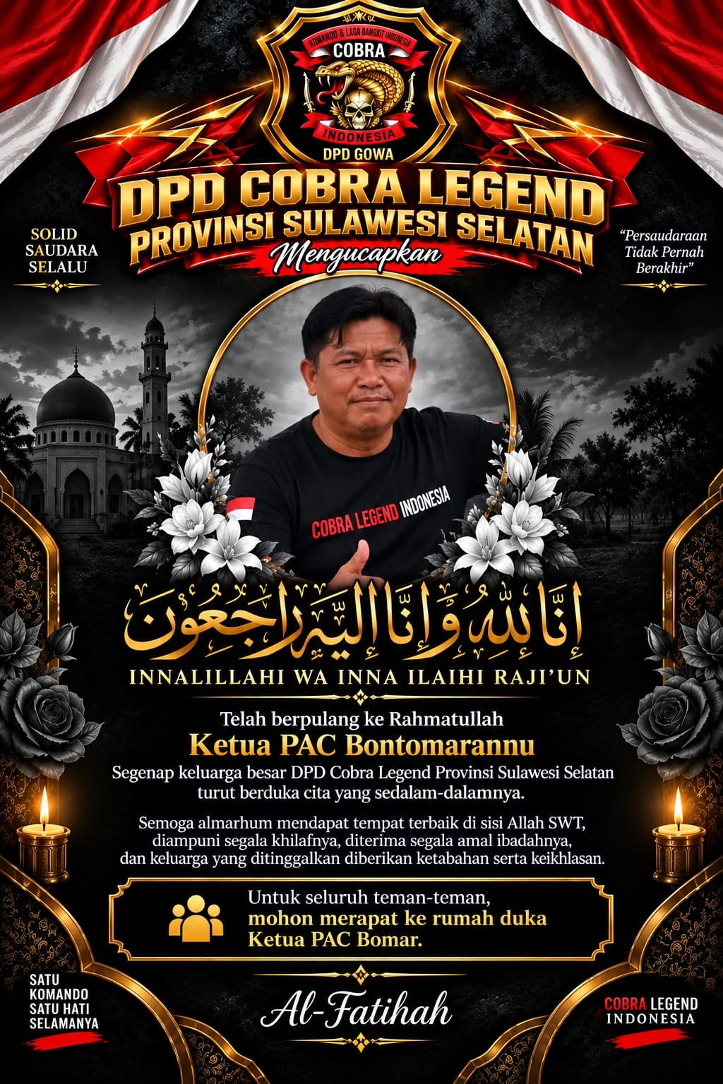 Kabar Duka: Ketua PAC Cobra Legend Indonesia Bontomarannu, Bahar Asnawi Dg Ngitung, Berpulang ke Rahmatullah