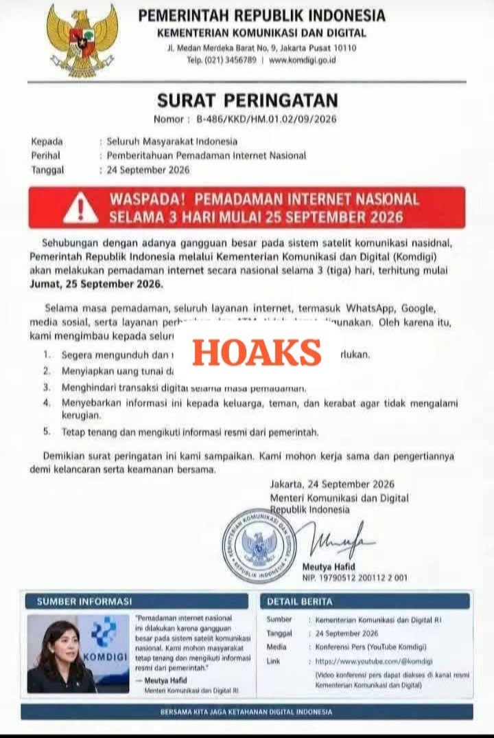 BEREDAR SURAT PALSU SOAL PEMADAMAN INTERNET NASIONAL 25–27 SEPTEMBER 2026, KOMDIGI TEGASKAN HOAKS