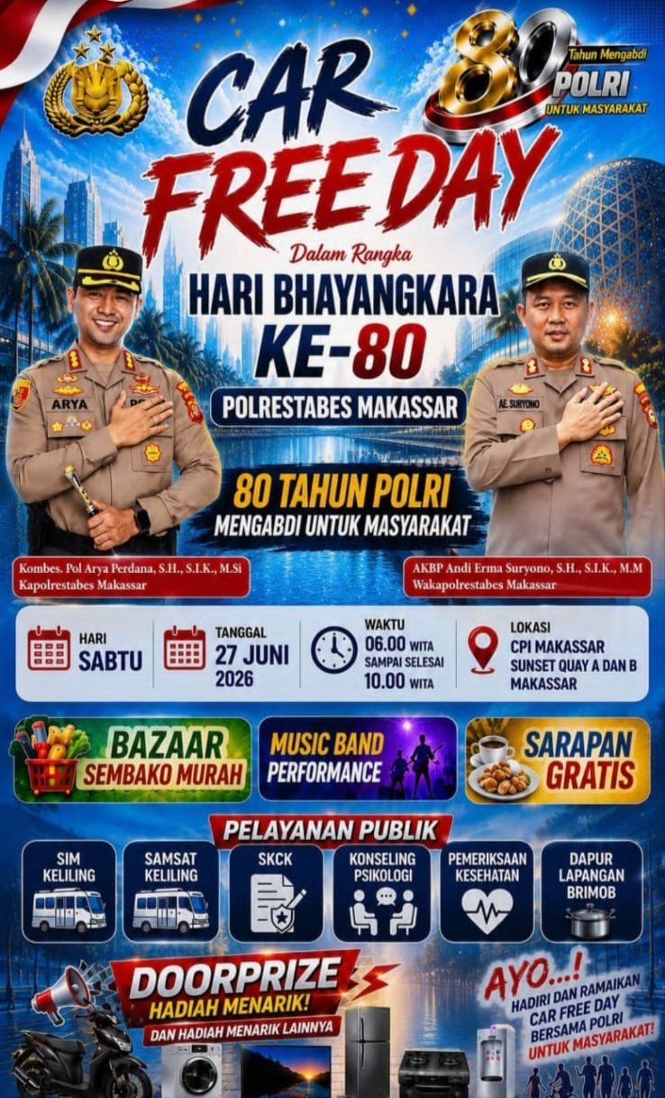 Polrestabes Makassar Gelar Car Free Day Meriahkan Hari Bhayangkara ke-80, Hadirkan Berbagai Layanan Publik Gratis