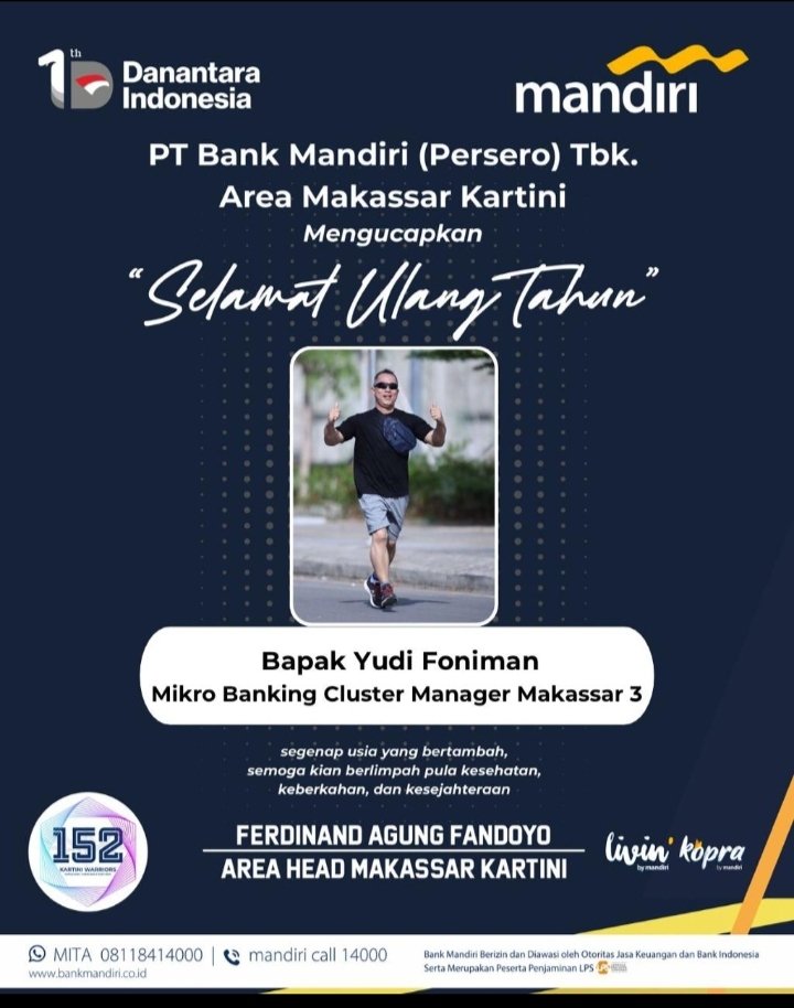 Bank Mandiri Area Makassar Jalan Kartini Sampaikan Ucapan Selamat Ulang Tahun untuk Yudi Foniman