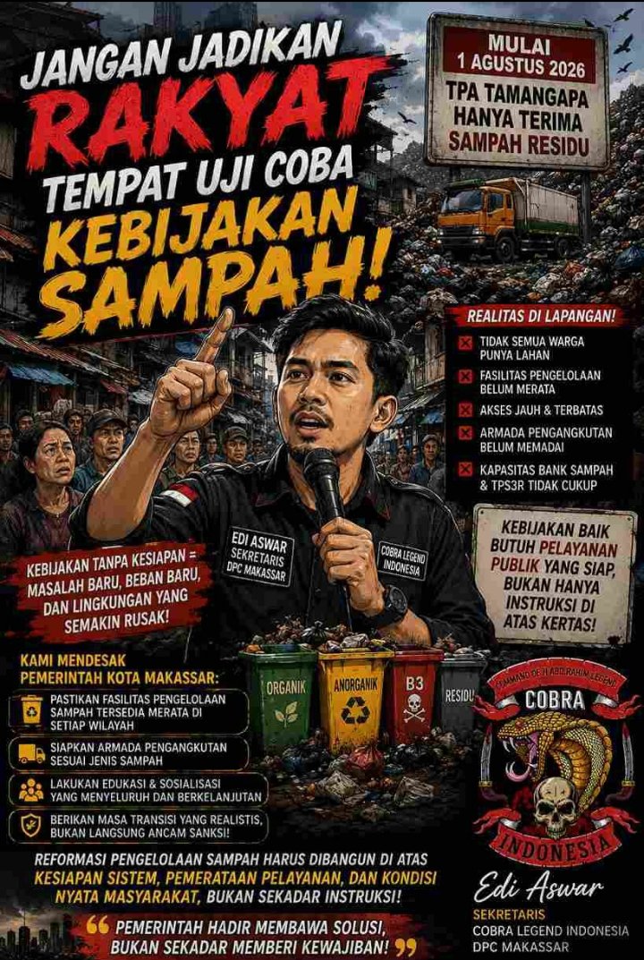 Cobra Legend Indonesia DPC Makassar Kritik Kebijakan Sampah Baru: "Jangan Jadikan Rakyat Tempat Uji Coba"
