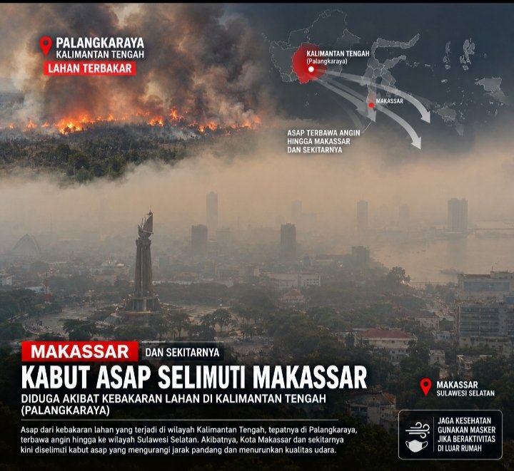 KABUT ASAP SELIMUTI KOTA MAKASSAR, DIDUGA DAMPAK KEBAKARAN LAHAN DI PALANGKARAYA KALIMANTAN TENGAH